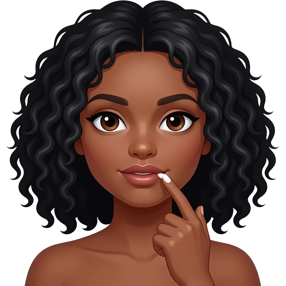 Medium dark skinned woman with black curly shoulder-length hair spreading cream above her upper lip with her finger. emoji