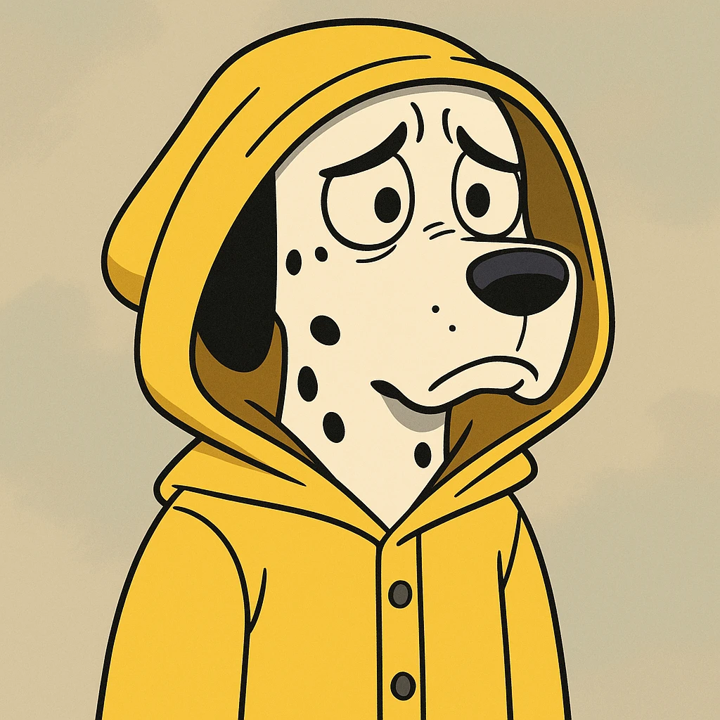 dalmatian in a yellow rain jacket, looking sad, 2D, thick black lines, cartoon style emoji