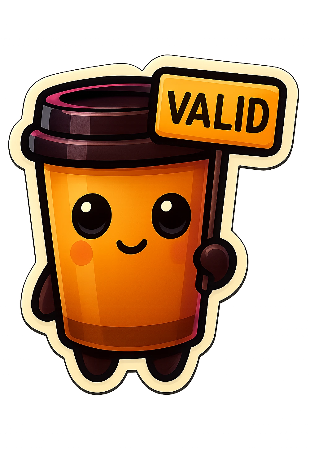 Tall coffee cup, no mouth, holding sign "valid" emoji