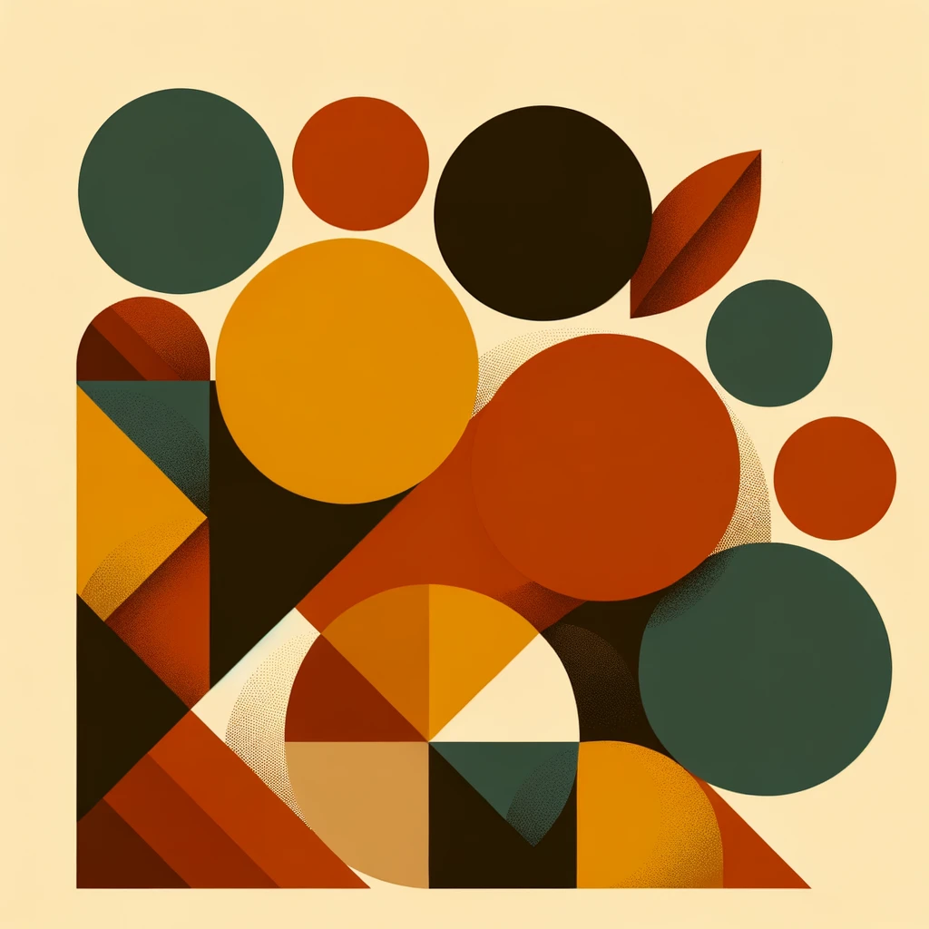 Abstract geometric autumn background, overlapping circles and rectangles, earthy fall tones (terracotta, mustard, deep green, burnt orange), flat minimalist design, clean shapes, modern style emoji