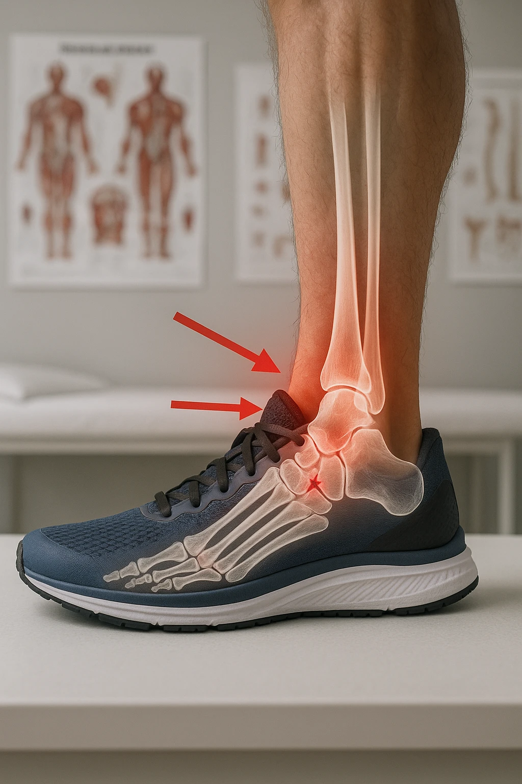 Realistic, vertical medical scene: a runner’s foot and lower leg are shown in profile, with a transparent overlay revealing a small stress fracture in the metatarsal bone. Red highlights and arrows indicate the area of pain and injury. The setting is a medical exam room, with anatomical charts in the background. emoji
