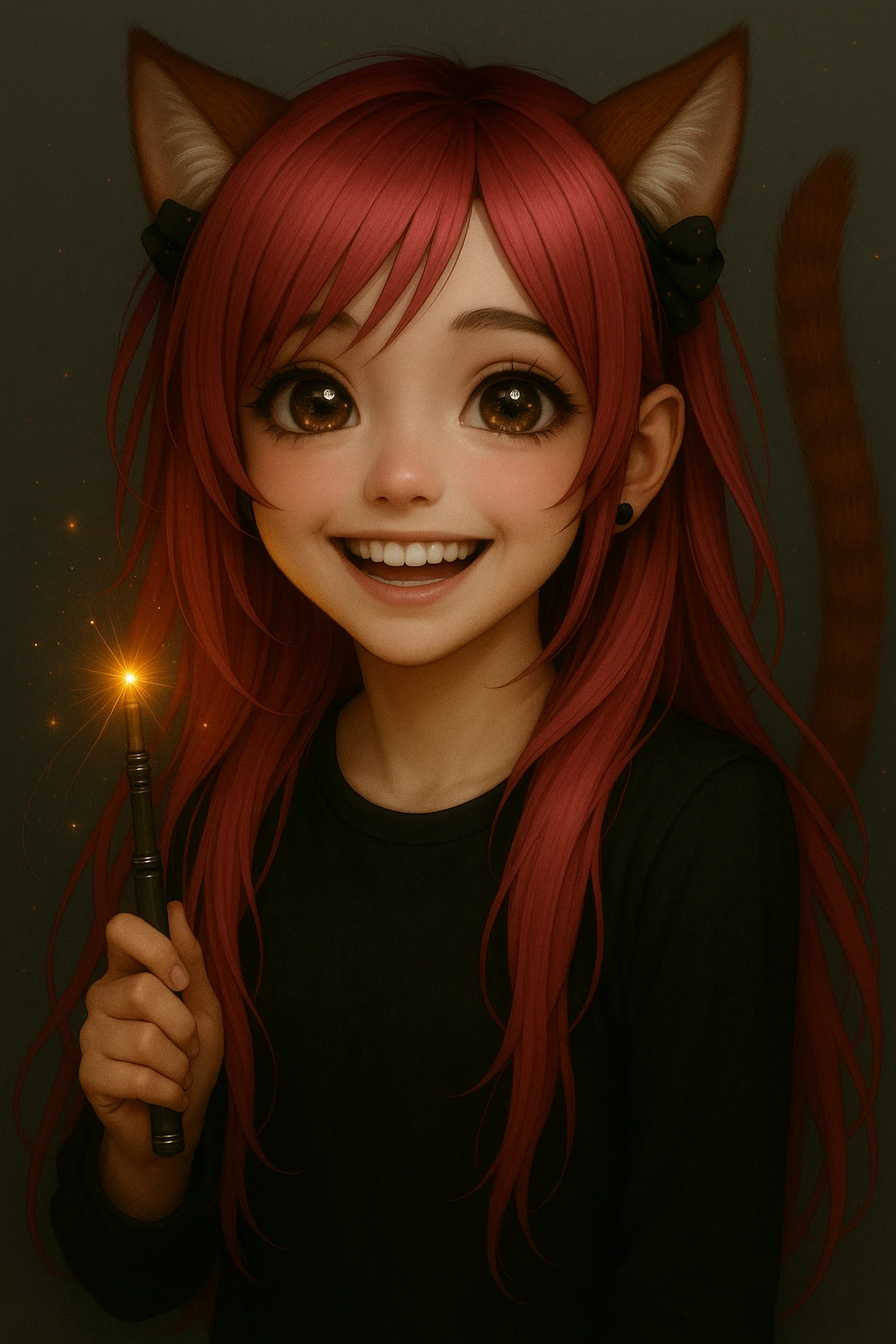 Enhance the facial expression to be even happier with a big bright smile and sparkling eyes. Maintain the emo style, pink hair, magical accessory, and sparkles in a realistic anime style. emoji