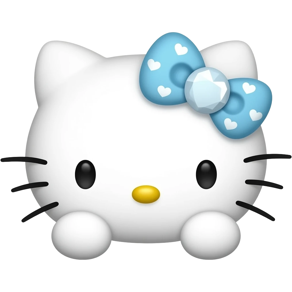 hello kitty head with two front paws and a blue and white bow with small heart shaped diamonds on it emoji