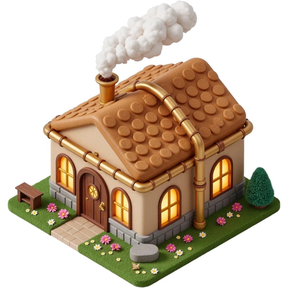 Exterior of a luxurious cookie factory with shiny golden pipes covering the walls and roof, steam clouds rising from vents, glowing windows emoji