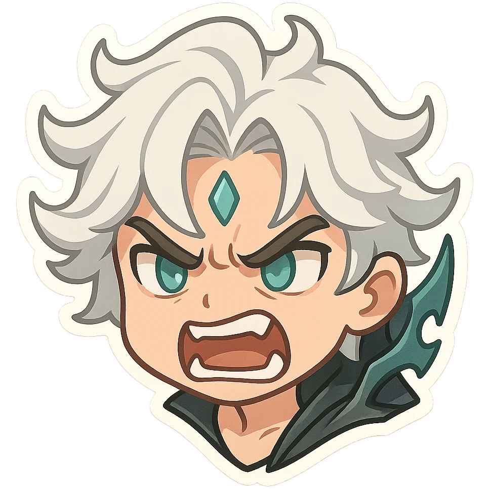 Viego from League of Legends, chibi style emote, only head, angry expression, teeth showing emoji