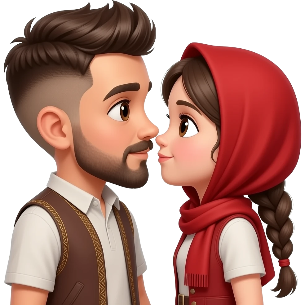 Kahverengi gözlü, Kumral, Buzz Cut saçlı erkek çocuk sı biraz daha uzun olsun ve yanına yakışan bir kız koy öpüşsünler daha çok yapışsınlar sikişsinler kızın saçı arkaya doğru örgülü olsun erkek çocuğun üstüne kırmızı hırka emoji