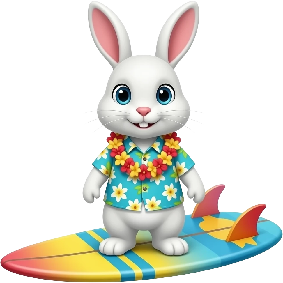 white Rabbit on colourful surfboard with aloha shirt emoji