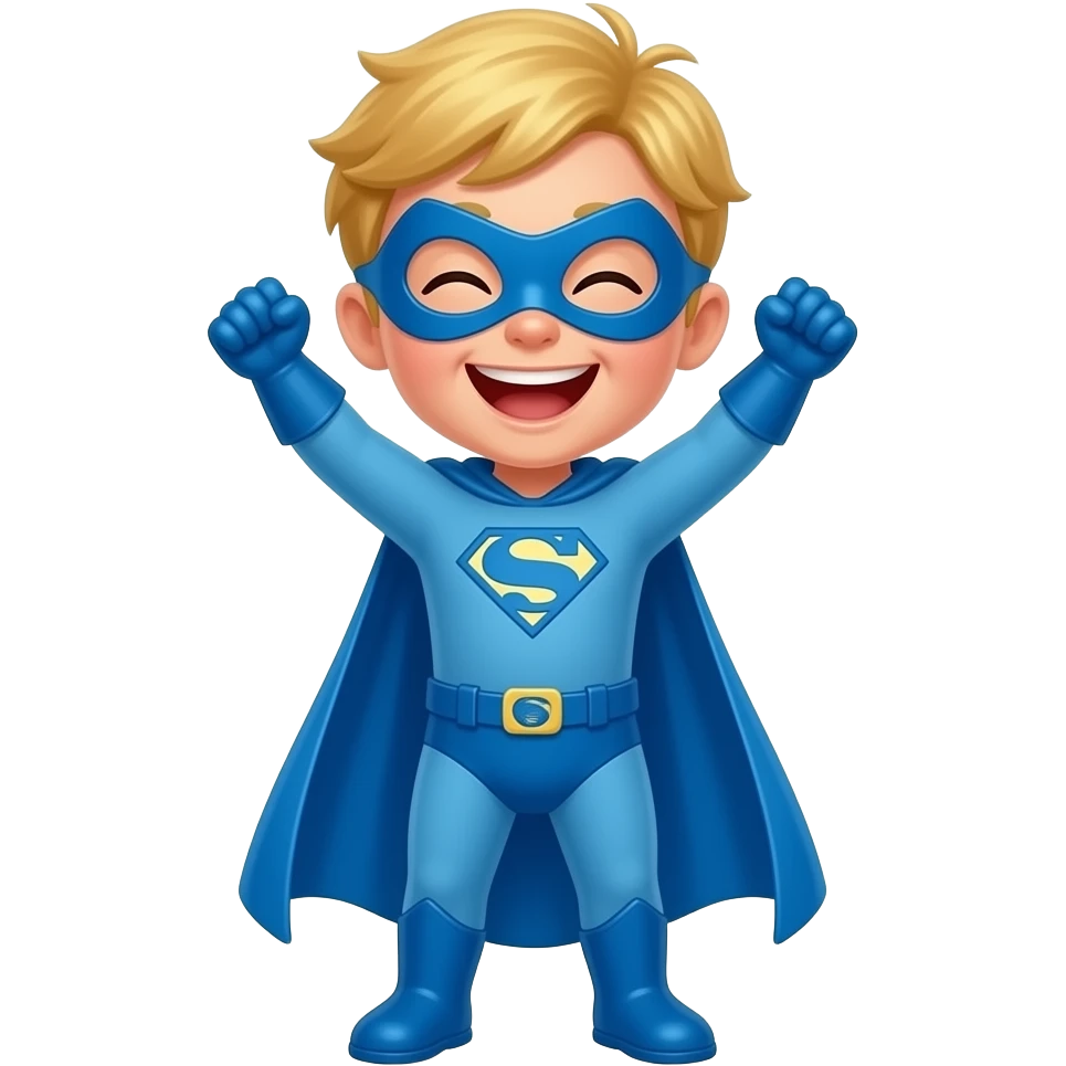 quiero que me hagas a un superheroe con el pelo rubio mascara azul i con un traje azul que sea una niño con los brazos levantados riendose de cuerpo entero emoji