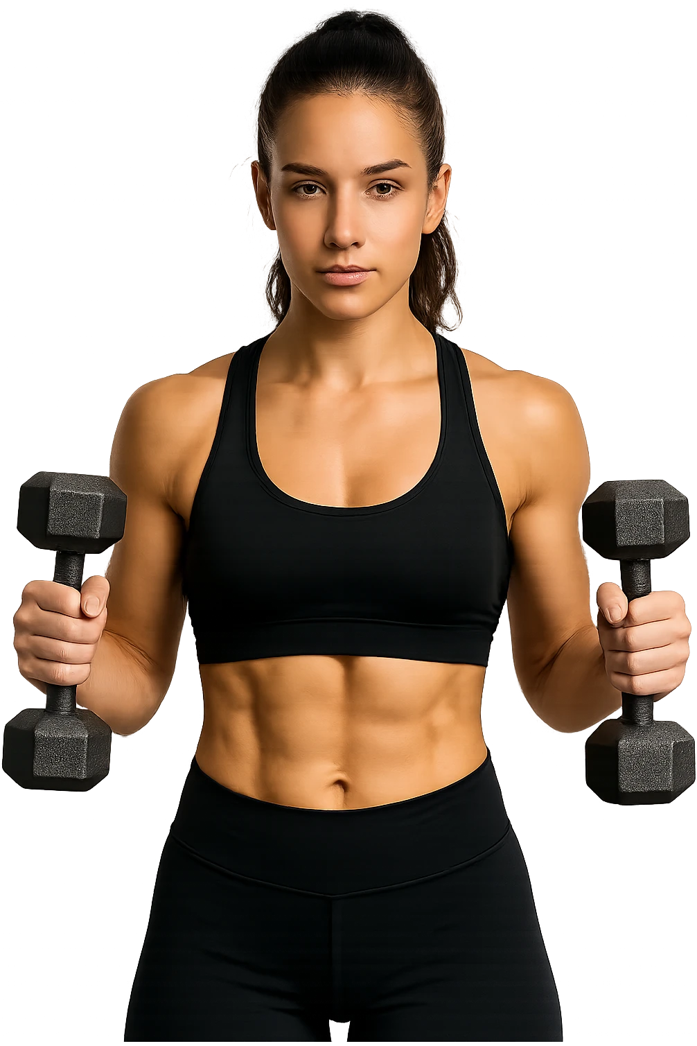 donna fitness in forma con manubri da palestra in mano, isolata su sfondo bianco emoji