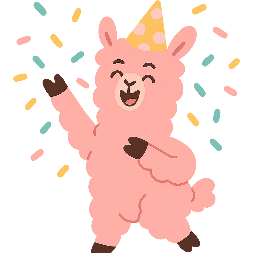 pink alpaca wearing a polka-dot party hat, throwing confetti, pastel-toon style emoji