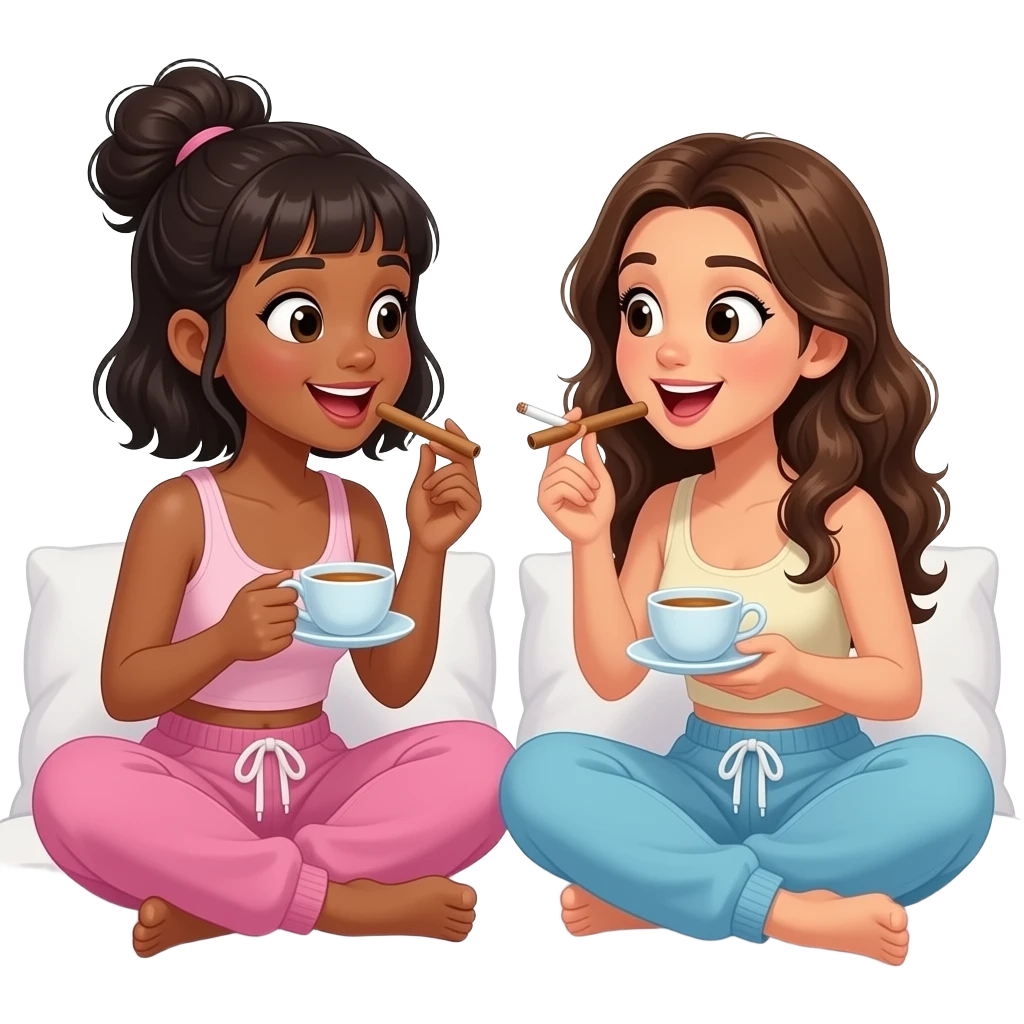 A black girl with bangs, a messy bun and shoulder length hair and a Hispanic girl with wavy long dark blonde hair gossiping while smoking blunts and drinking tea out of tea cups and wearing sweats sitting on a bed. We both have surprised smiling look on our faces emoji