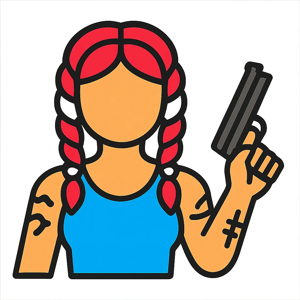 A character with red and white braided hair, tattoos on her arms, holding a gun emoji