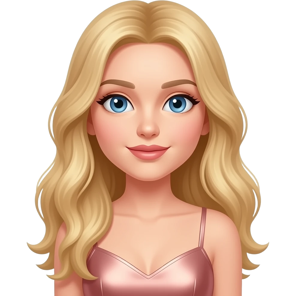Pretty Blonde with long hair model, blue eyes, wearing a rose gold dress with short emoji