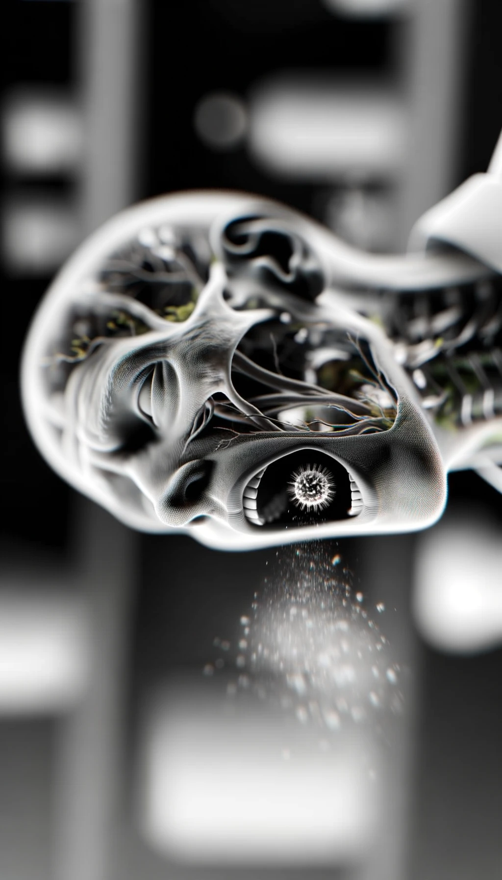 corpo umano anatomico che prende un forte respiro con la bocca tutta aperta, sfondo  della sua cucina sfocata in sottofondo, iperrealistico 4k emoji