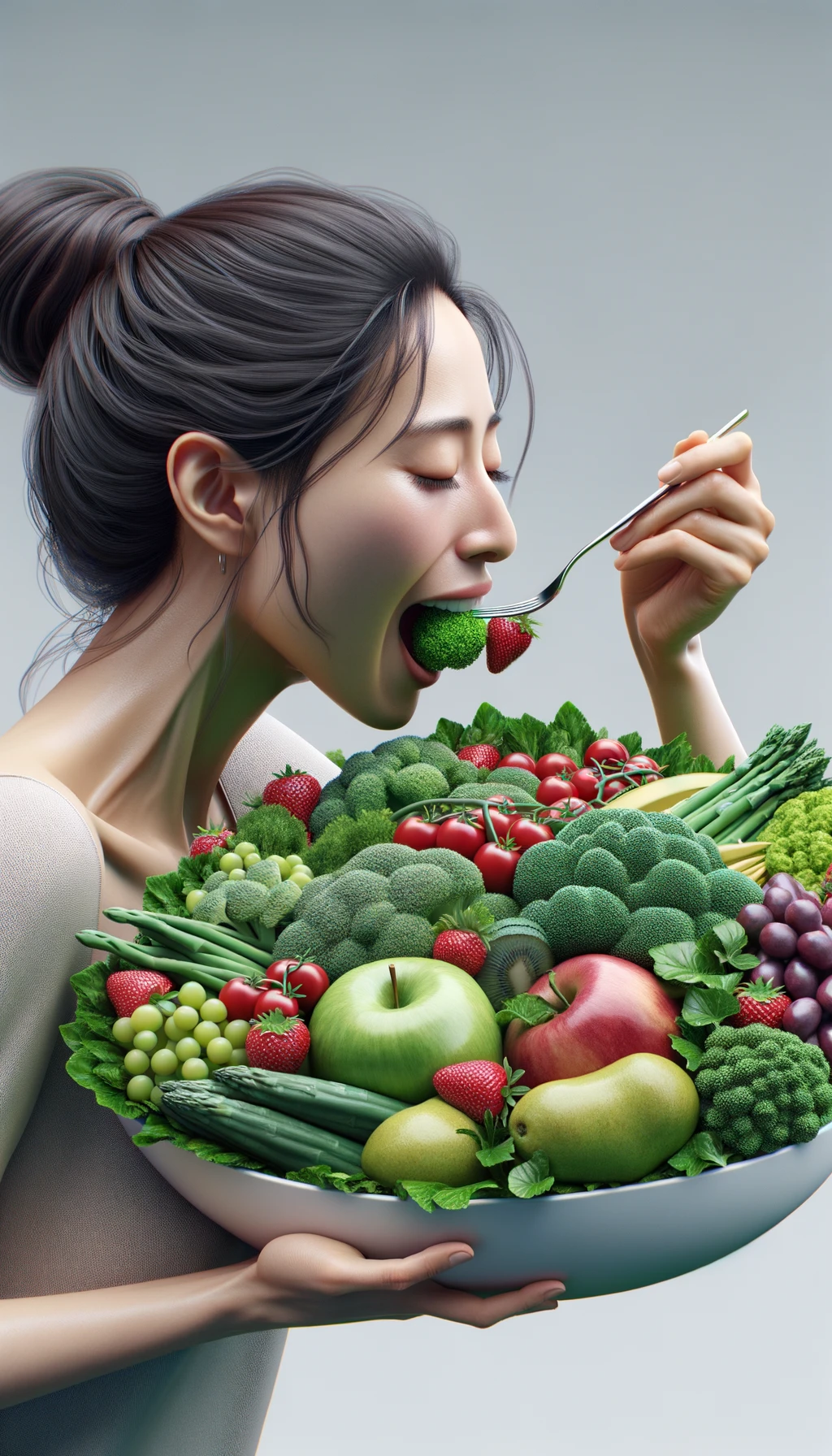donna che mangia una montagna di frutta e verdura, SFONDO CHIARO NEUTRO, colori realistici, iperrealistico 4k emoji