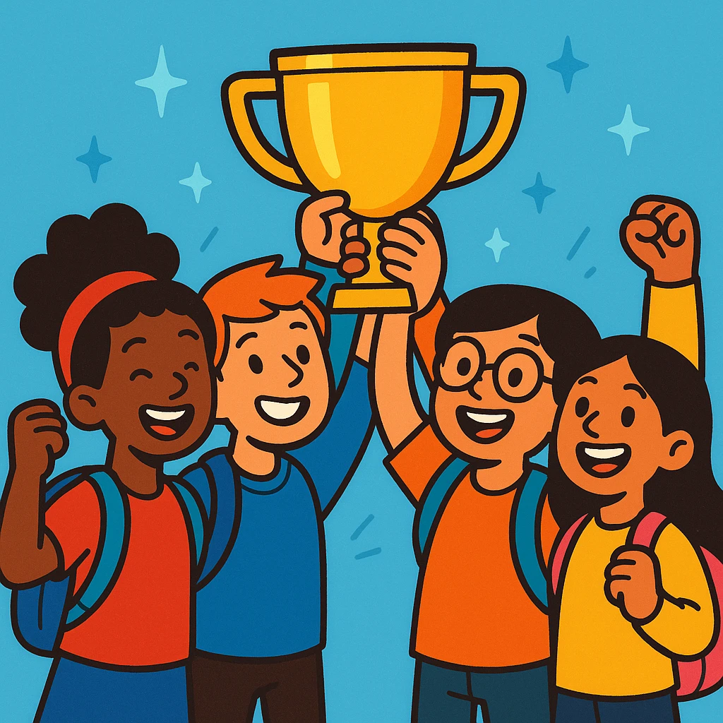groupe de 4 étudiants, diversité visible, levant un trophée doré, style cartoon coloré emoji