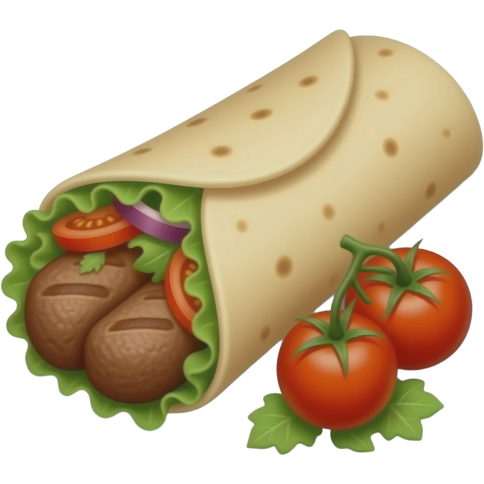 single kebab in lavash tortilla kebab no background  with meat and salad and tomato closed emoji