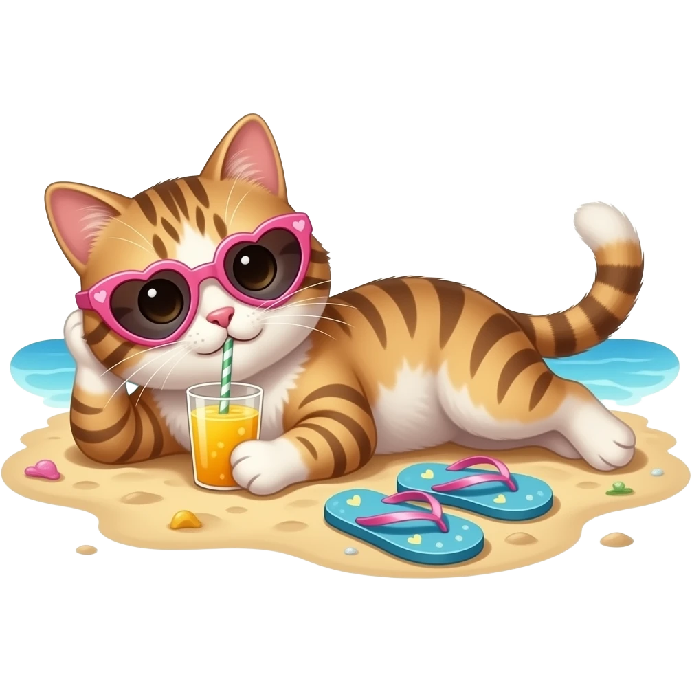 A cat laying on the beach and it's hands under it's head with pink heart sunglasses wearing cute flipflops drinking juice emoji