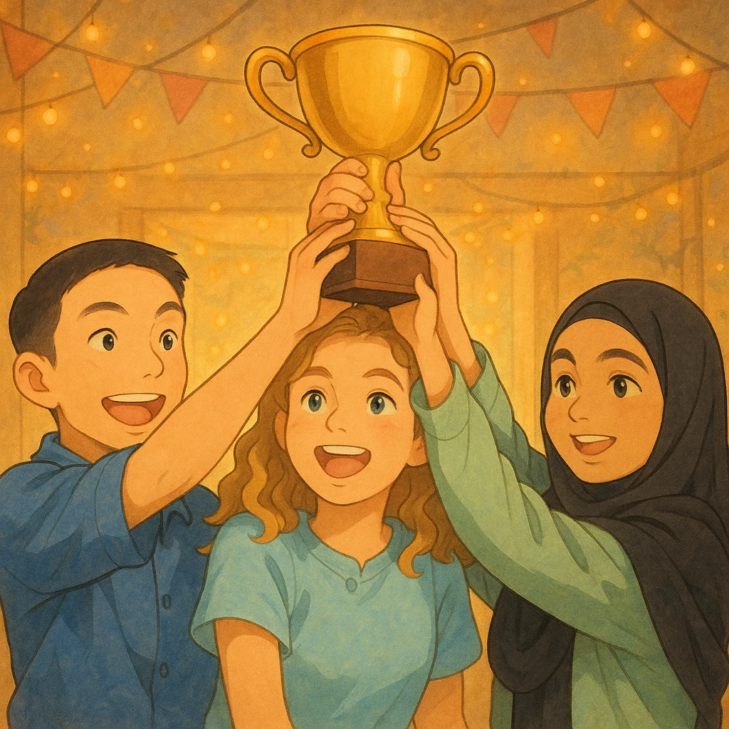 Illustrate the four students shown in the photos lifting a trophy together in a warm atmosphere, joyful expressions, soft golden light, festive background in Ghibli style. emoji