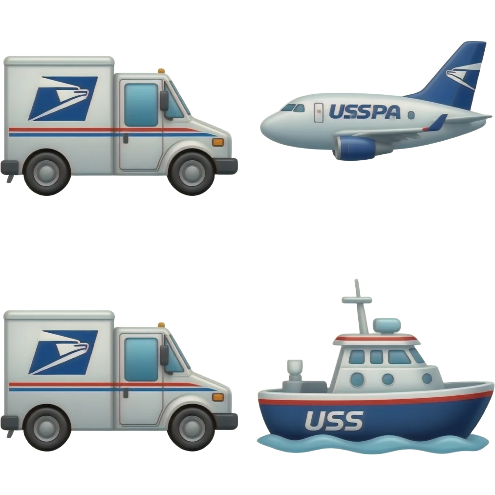 Mail truck, USPS Mail plane, usps mail semi truck, and usps mail boat emoji