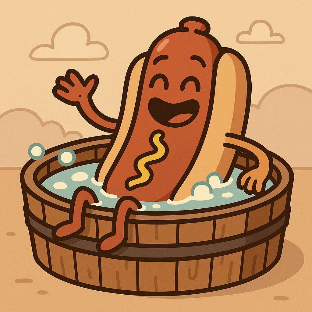 adorable hotdog with arms and legs enjoying a hot tub, cheerful cartoon illustration emoji