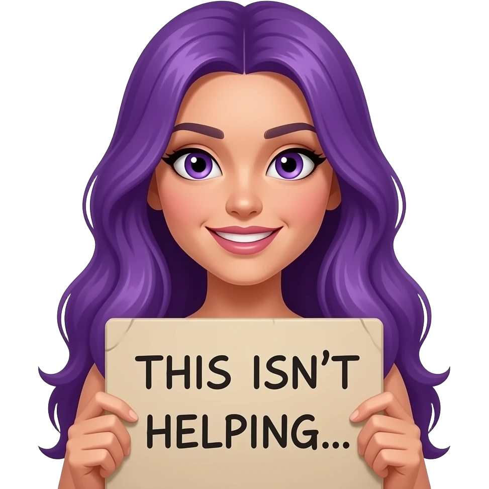 sexy girl with long purple hair and purple eyes holding a THIS ISN'T HELPING... sign emoji