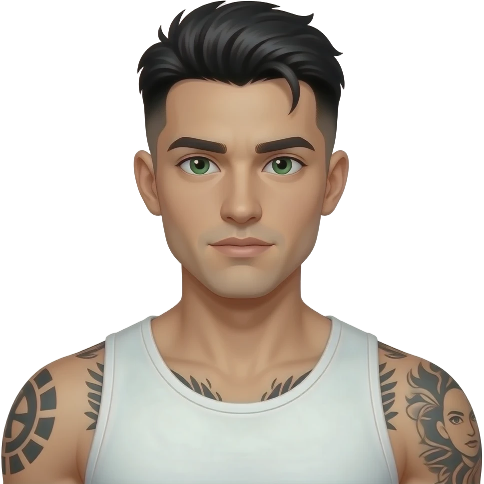 rictus arrogant gars cheveux noirs low taper fade look dark beau et yeux verts peau laiteuse pâle et tatoué musclé 25 ans emoji