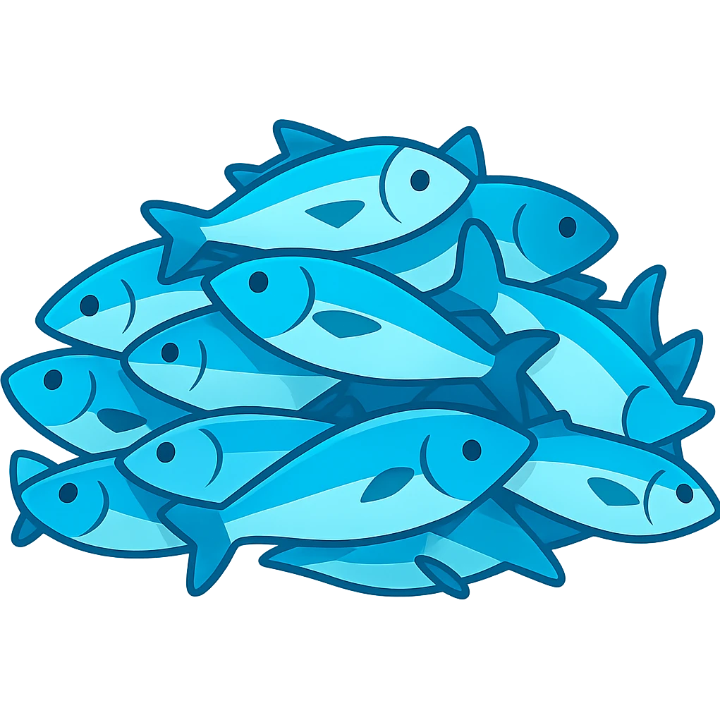 Create a large pile of blue fish in emoji style, variation 2. The image should resemble apple style emojis with concise details and vibrant blue colors, with a different variation in arrangement or shading from the base and variation 1 versions. emoji