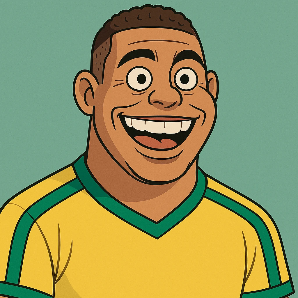 cartoon illustration of Ronaldo Fenômeno, close-up portrait, big smile, Brazil colors emoji