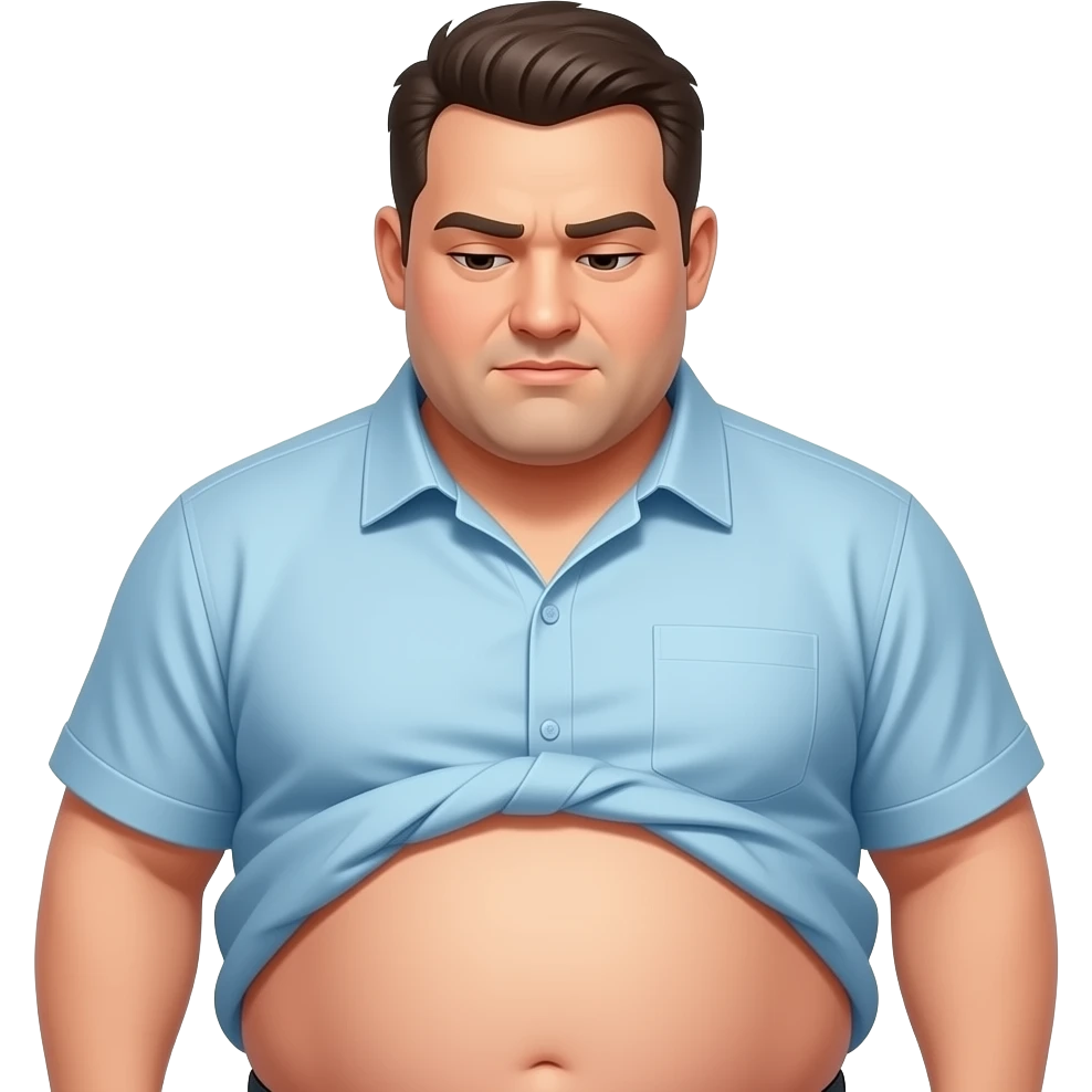 A heavyset man looking down at himself. His shirt is slightly cropped, revealing a bit of his belly. emoji