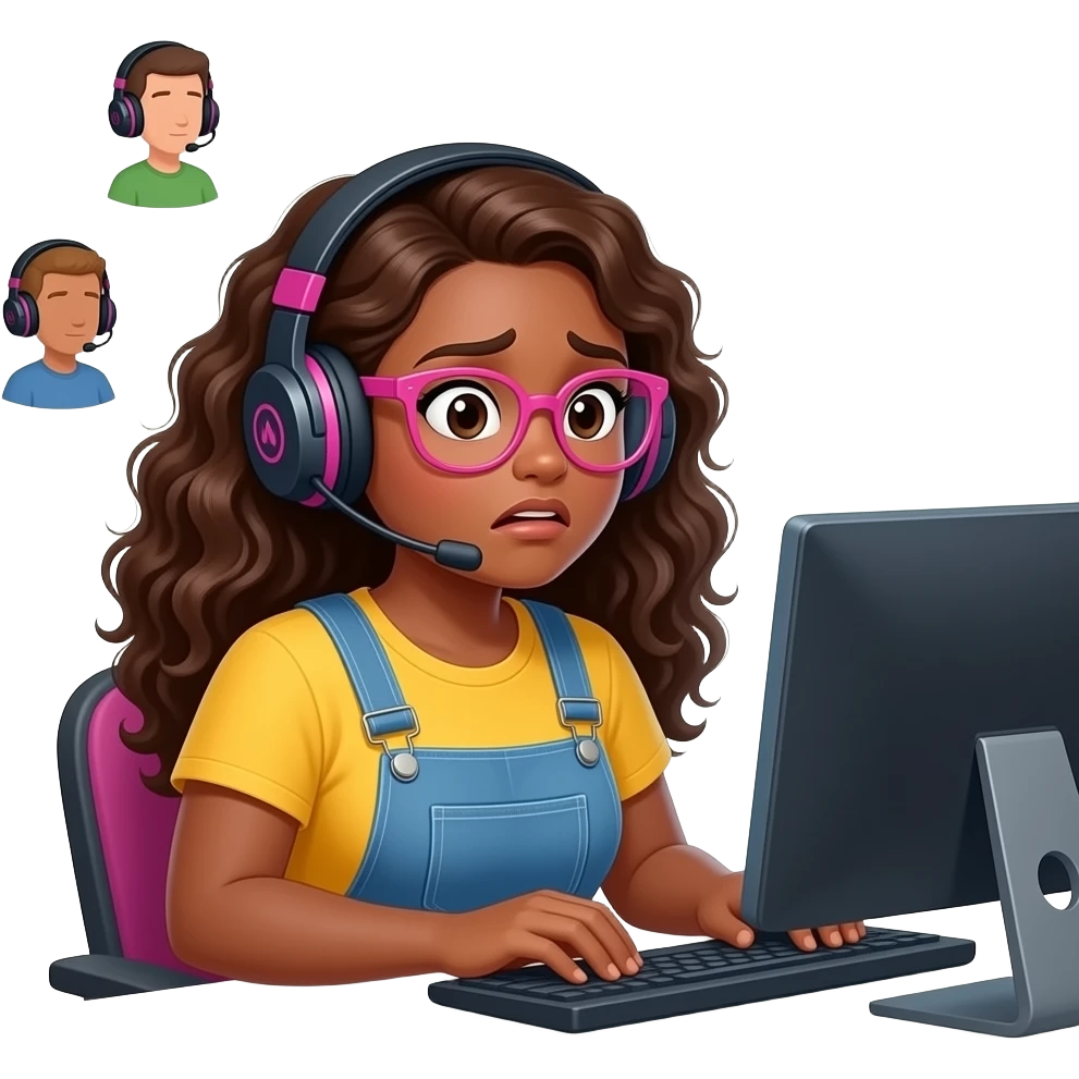 A curvy tan woman with long curly hair and pink glasses, wearing overalls and a yellow shirt, looking straight forward at viewer, wearing a gaming headset,sitting at her computer, looking anxious, speech bubble saying "let's go to banging?",  And some floating people in headsets surrounding emoji