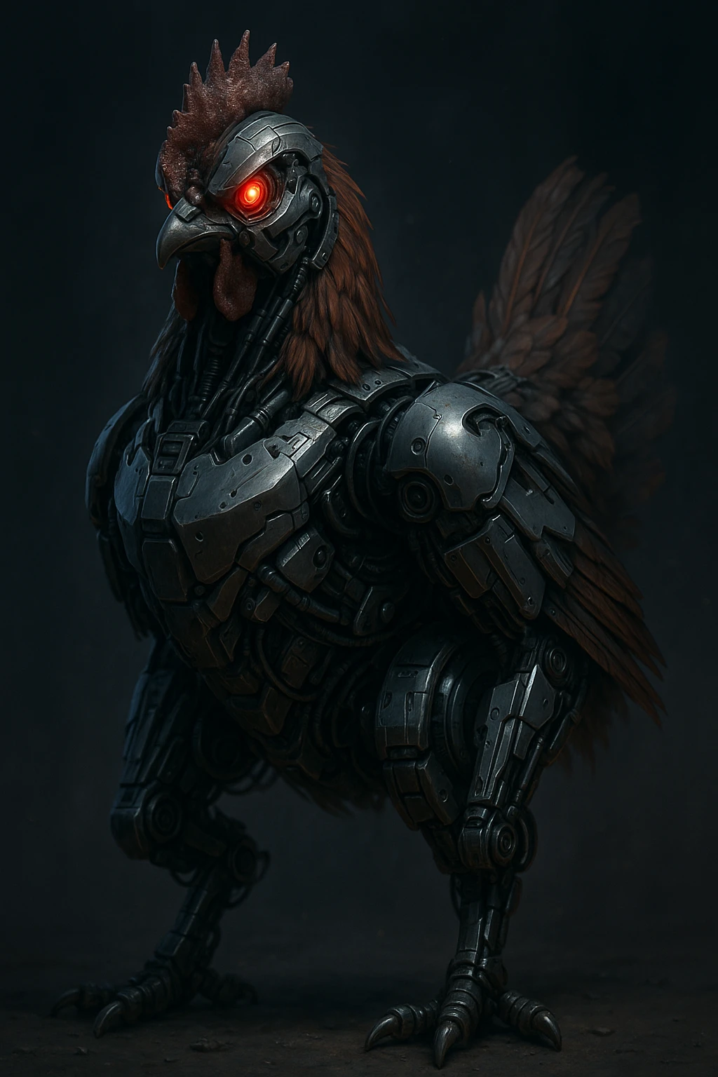 a cyborg chicken with glowing red eyes, metallic body parts, and a menacing look emoji