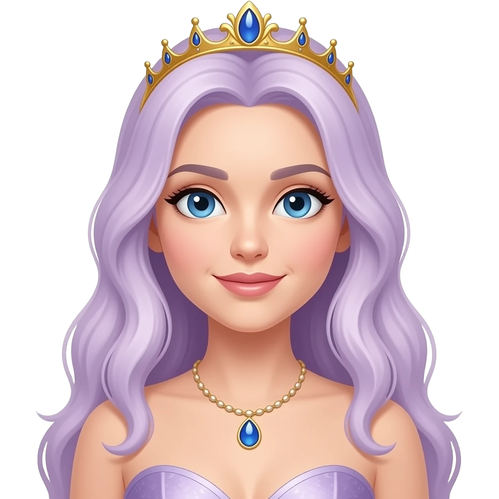 Queen, light skin, female with floor length pale lavender hair and blue eyes, emoji