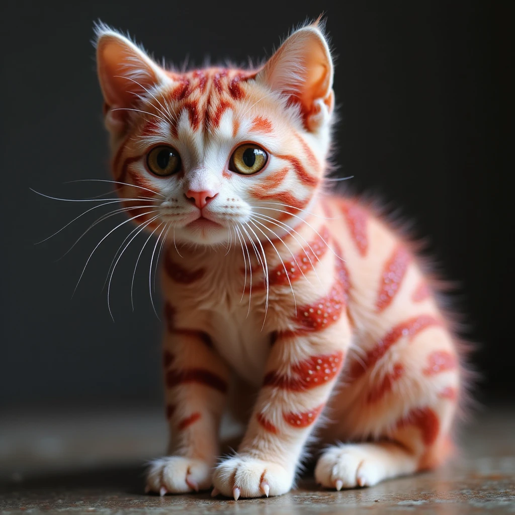 a photorealistic cat with skin covered in strawberry patterns, thick bushy eyebrows, and white toes, detailed, lifelike emoji