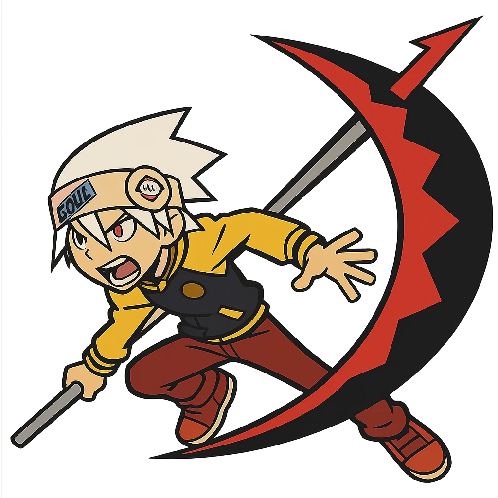 Soul Eater Evans transforming into scythe form, white hair, headband, anime style, action scene emoji