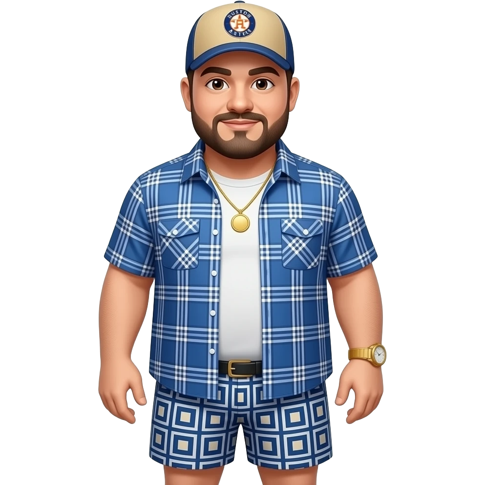 Chubby man with beige skin tone with lightly shaved black beard wearing a blue button down short sleeve shirt with matching shorts with square pattern designs wearing an all beige color Huston Astros logo baseball cap wearing a gold tennis necklace and a gold wrist watch emoji