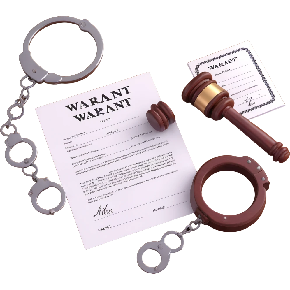 realistic 3D icon of a legal document labeled 'WARRANT' at the top, with body text, signature, and stamp at the bottom, shown with a wooden gavel and metal handcuffs, brightly lit, isolated emoji
