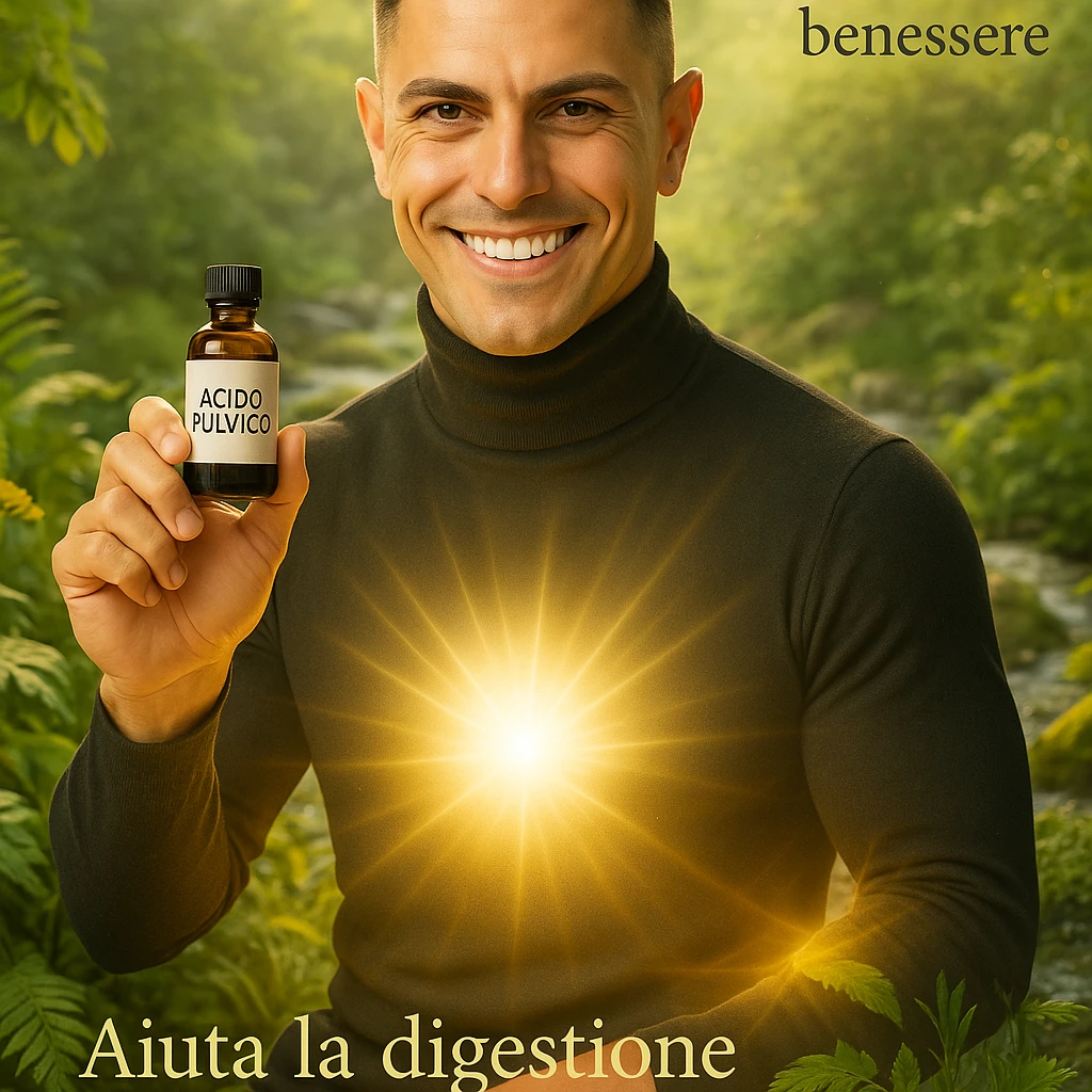 Uomo con viso del riferimento che mostra una boccetta con etichetta 'acido fulvico', ambiente naturale e luminoso, energia luminosa visibile su addome e pelle, elementi di natura come piante e acqua, atmosfera benessere, testo in italiano. emoji