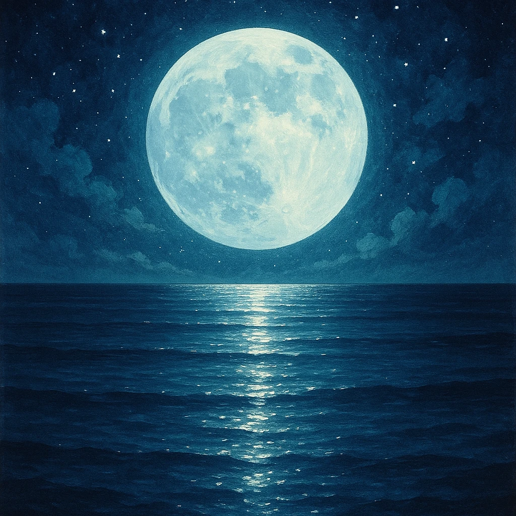 large moon casting light on still sea, magical night atmosphere, shimmering reflections, general illustration style emoji