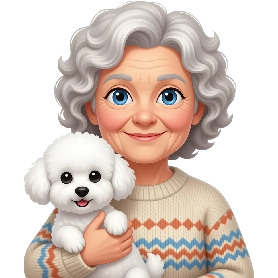 Elder woman curly hair blue eyes having a  white Maltipoo emoji