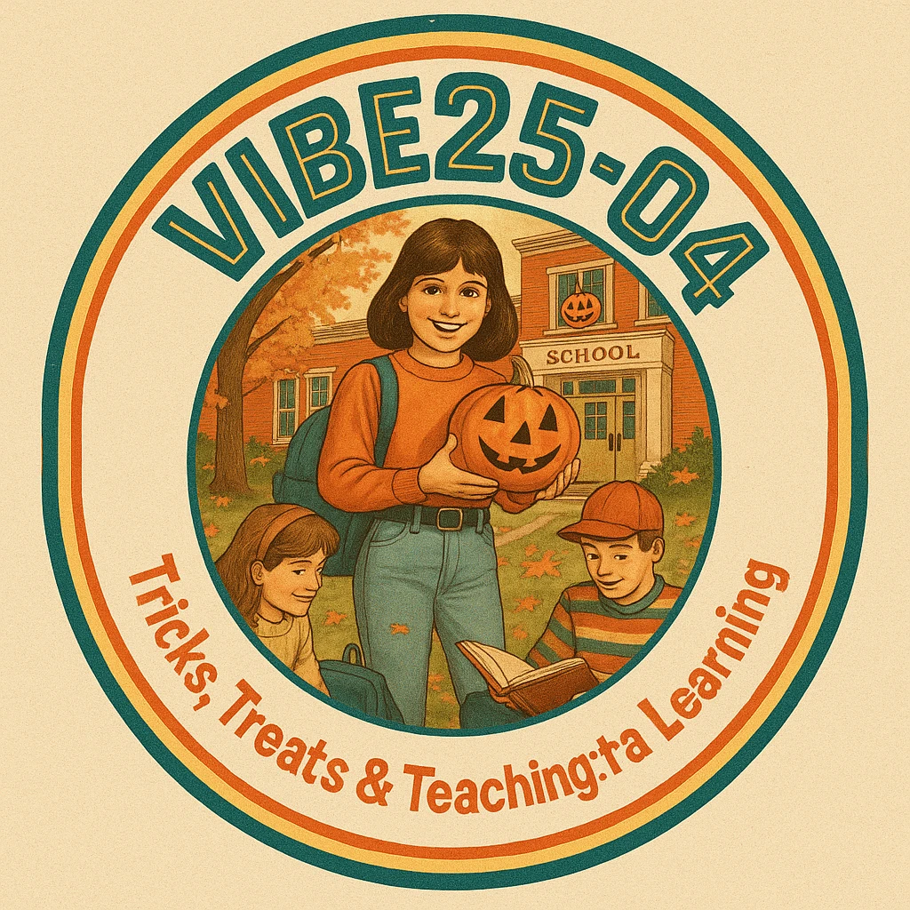 Create a logo that encompasses a retro 80's feel, nostalgic, ALSO RETRO.  Add the words "VIBE25-04: Tricks, Treats & Teaching: Fall Into Learning" emoji