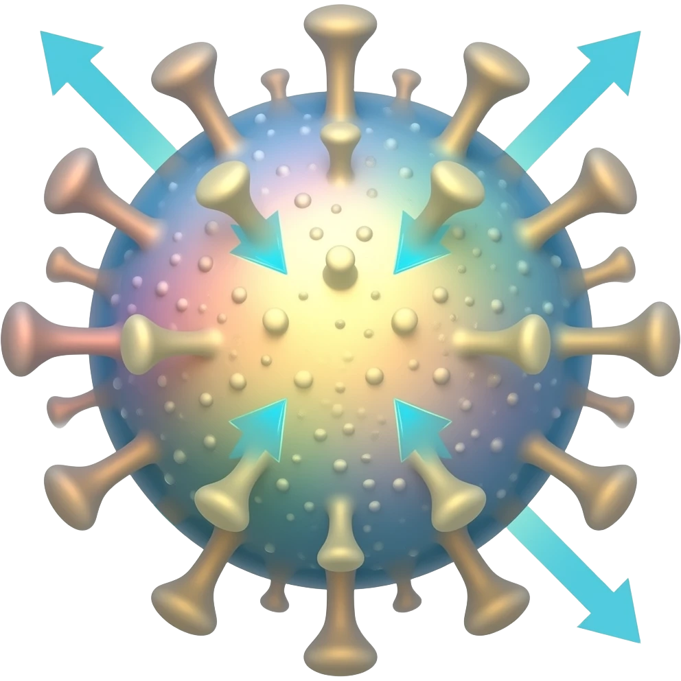 A vibrant virus with arrows around it to indicate pathophysiological mechanisms emoji