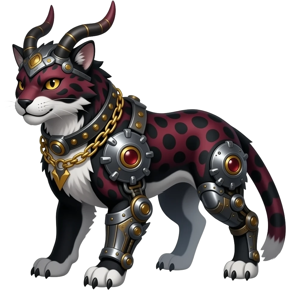 Mature quadrupedal Epic majestic complex  glorious futuristic detailed dark dusky gloomy deep gothic sanguine-blood-maroon-black-white, realistic Fakémon-Sprigatito-Houndoom-Luxray-Leopard-Persian-Trico-Sergal-Serval-Vernid-creature (full body) with metal gears and metal collar with gold chains emoji