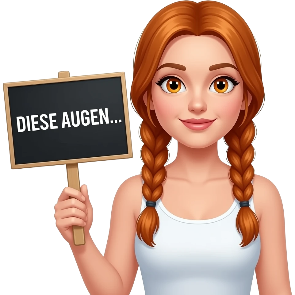 sexy girl with long ginger braids and ginger eyes wearing a white tanktop is holding a black sign with DIESE AUGEN... written on it emoji
