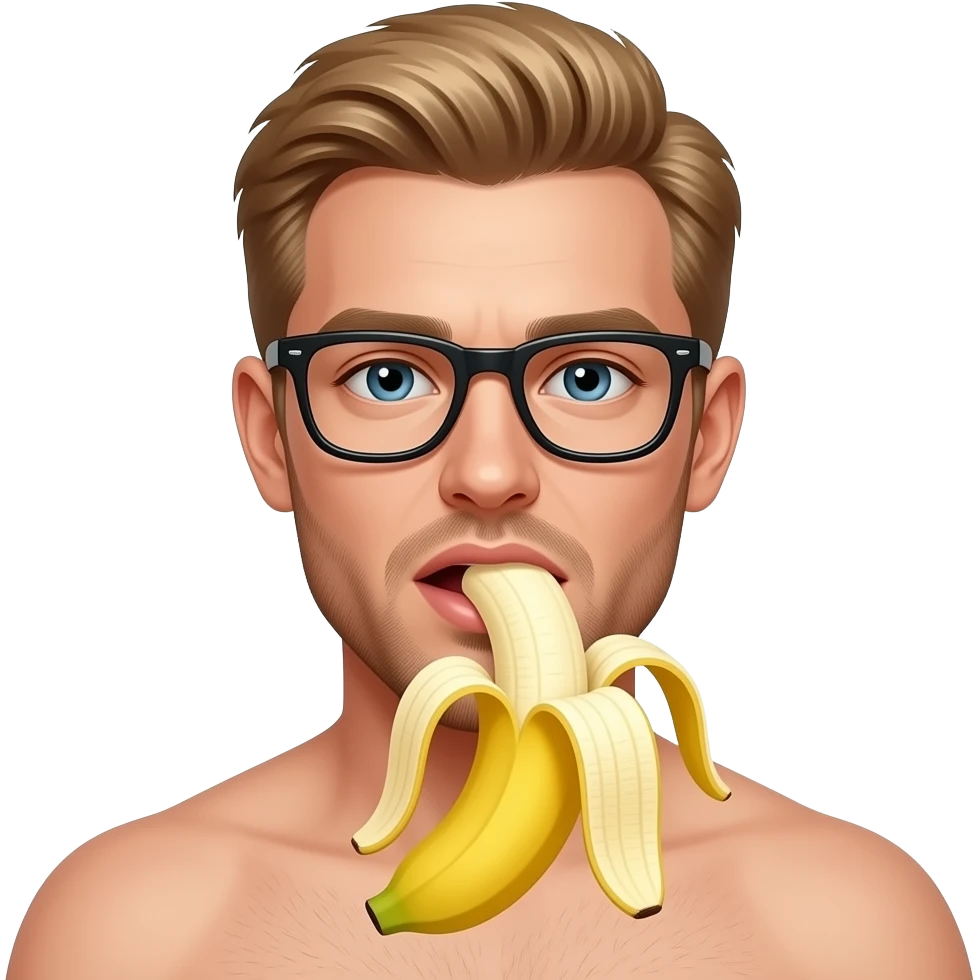 sexy naked blond guy with glasses lick a big open banana emoji