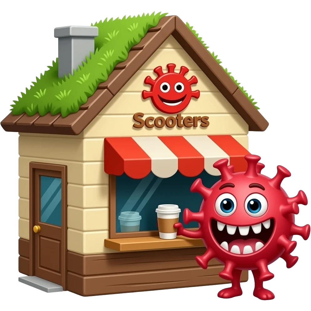 A coffee shop named "Scooters" with a pitched roof with grass growing on it. The logo is red, the building walls are tan and brown. A  spikey COVID-19 virus with teeth is buying coffee.  emoji