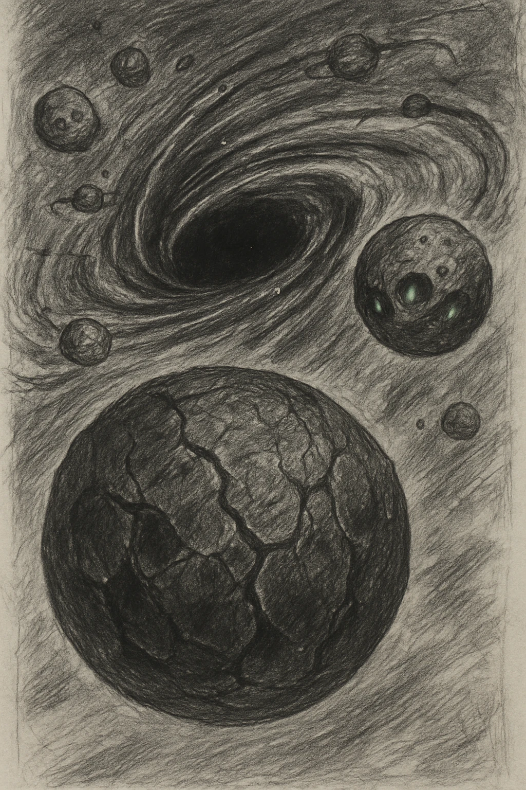 hand drawn map of dark back ward -“A dark cosmic region orbiting a massive black hole. No sunlight. A dead solar system with twisted planets and moons circling in silence. Monde Noir looms in the foreground — a cracked, obsidian planet with no atmosphere. Its moon, Oblieth, floats nearby, scarred and pitted, with faint green lights glowing from within cave openings. Stars are distorted and streaked by gravitational lensing. The entire scene is heavy, quiet, and surreal.” emoji