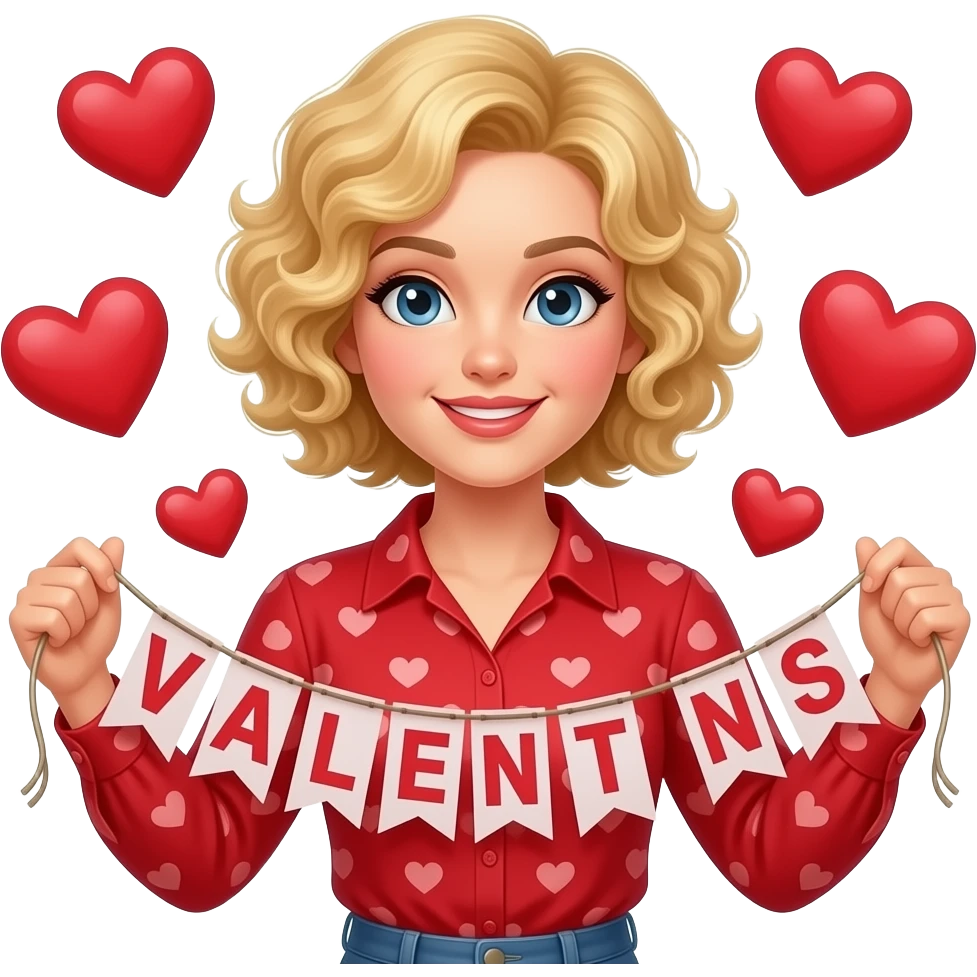 blonde tight curly hair in a short bob with a Valentine banner and a red heart blouse and hearts around emoji