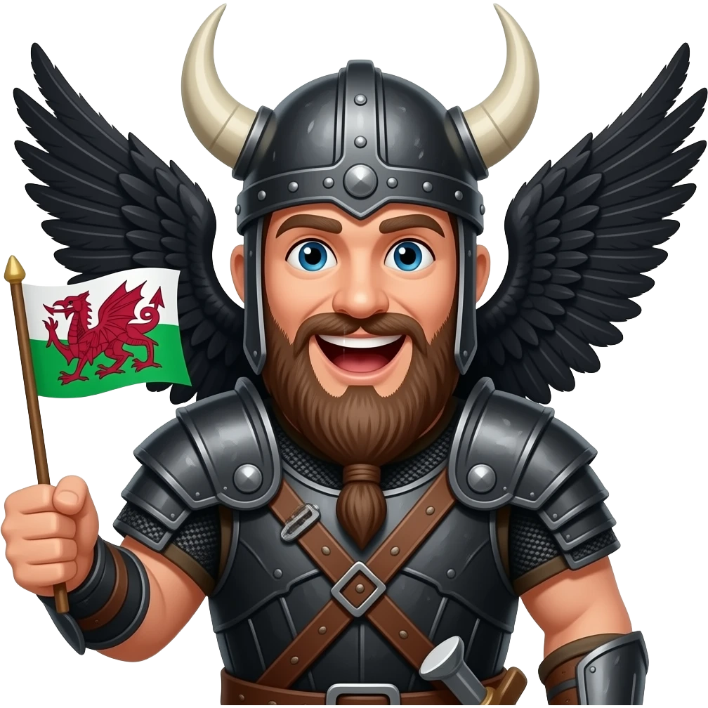 viking with black costume,black crows wings on  helmet , beard, and holding a welsh flag, laughing emoji