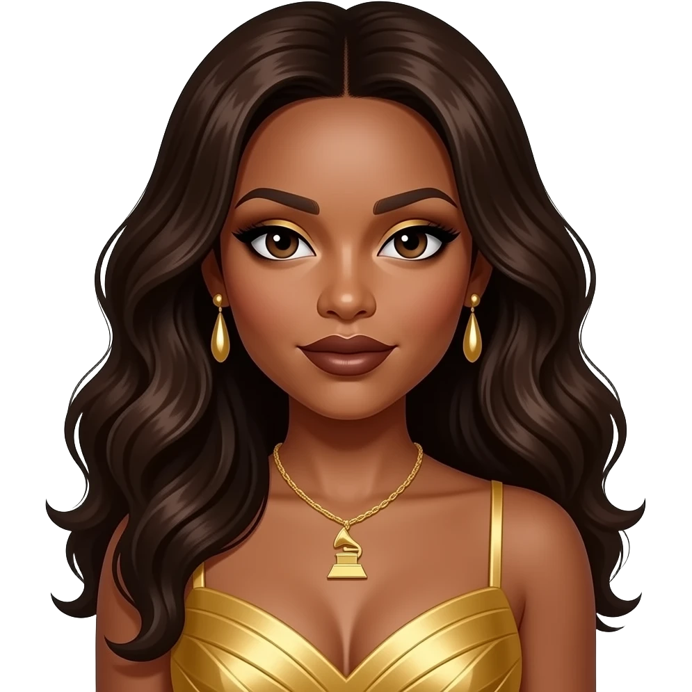 LaTavia Roberson from Destiny's Child with dark brown eyes, long dark brown wavy hair, gold eyeshadow, dark brown lipstick, grammy gold dress, necklace and earrings emoji